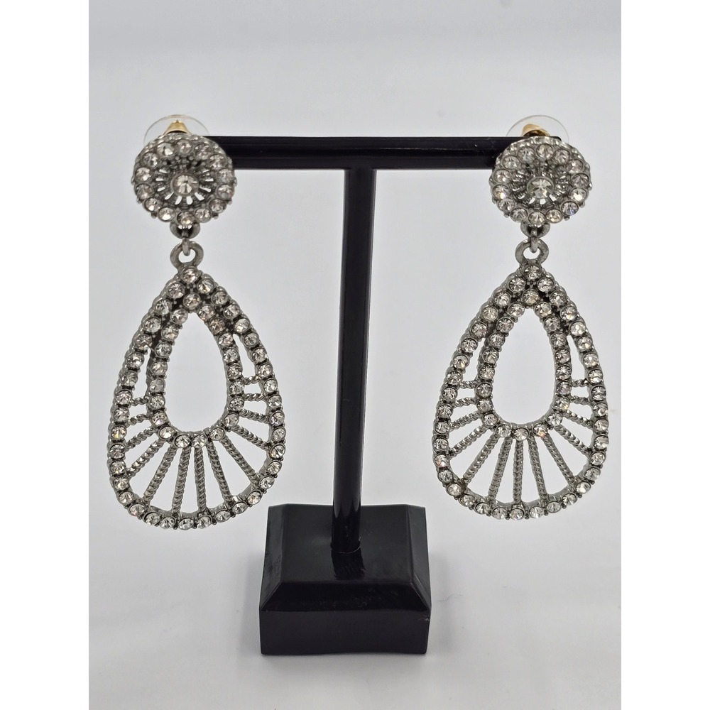 Sparkling Clear Rhinestone Dangle Earrings Silver Tone Teardrop Fashion Jewelry - Picture 11 of 16